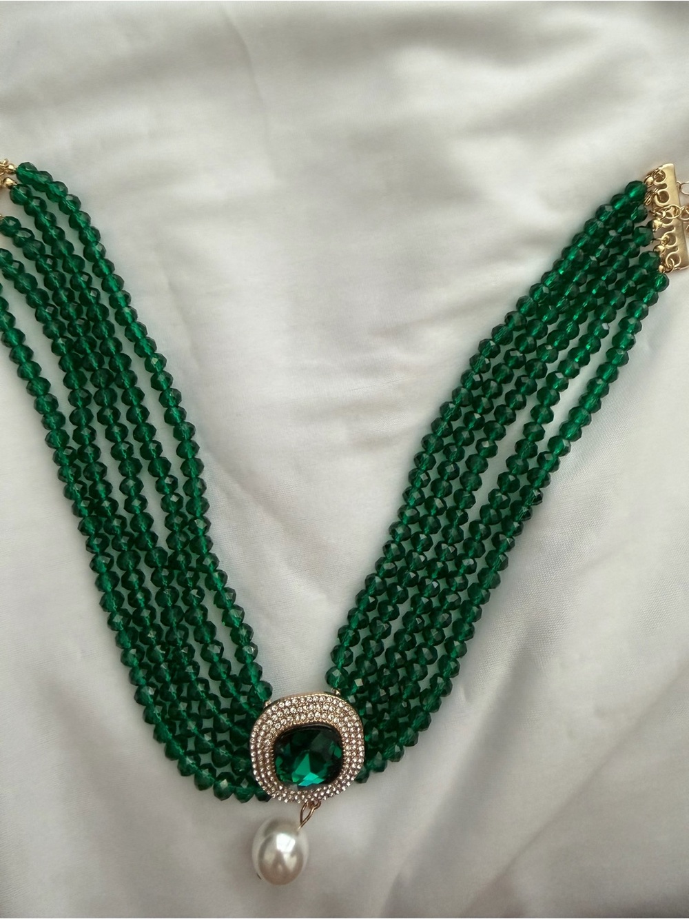 Emerald Multi-Strand Bead Necklace with Pearl Drop